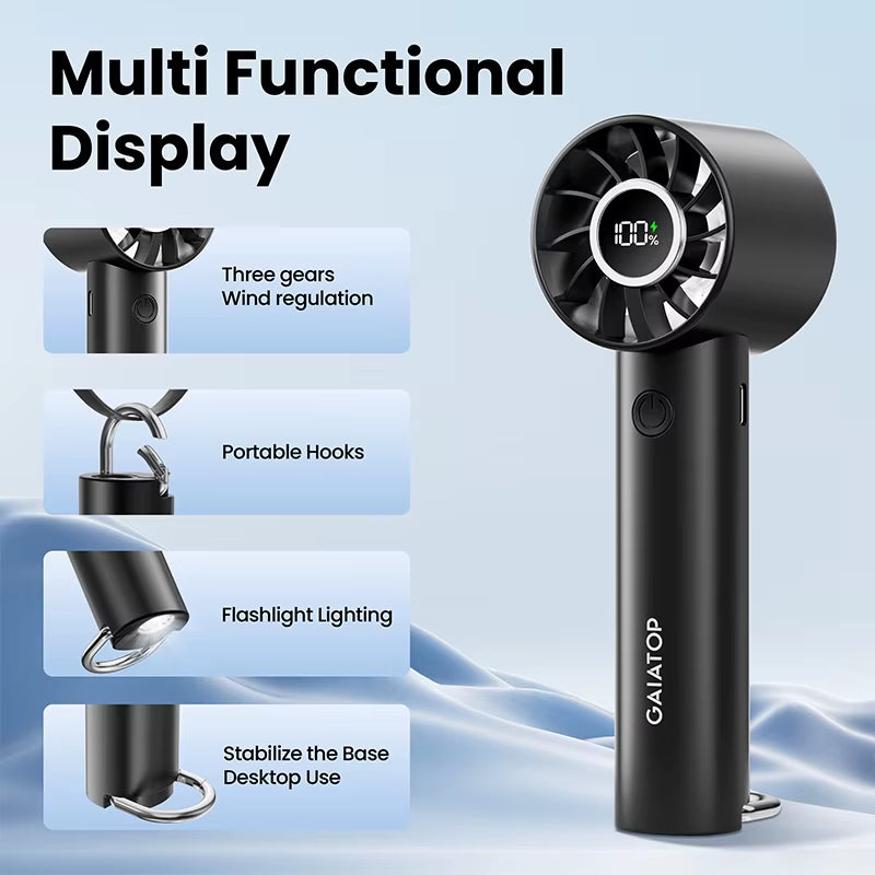 Portable Mini Fan, Handheld Fan with LED Display & Flashlight, 3 Speeds 2000Mah USB Rechargeable Battery Fan